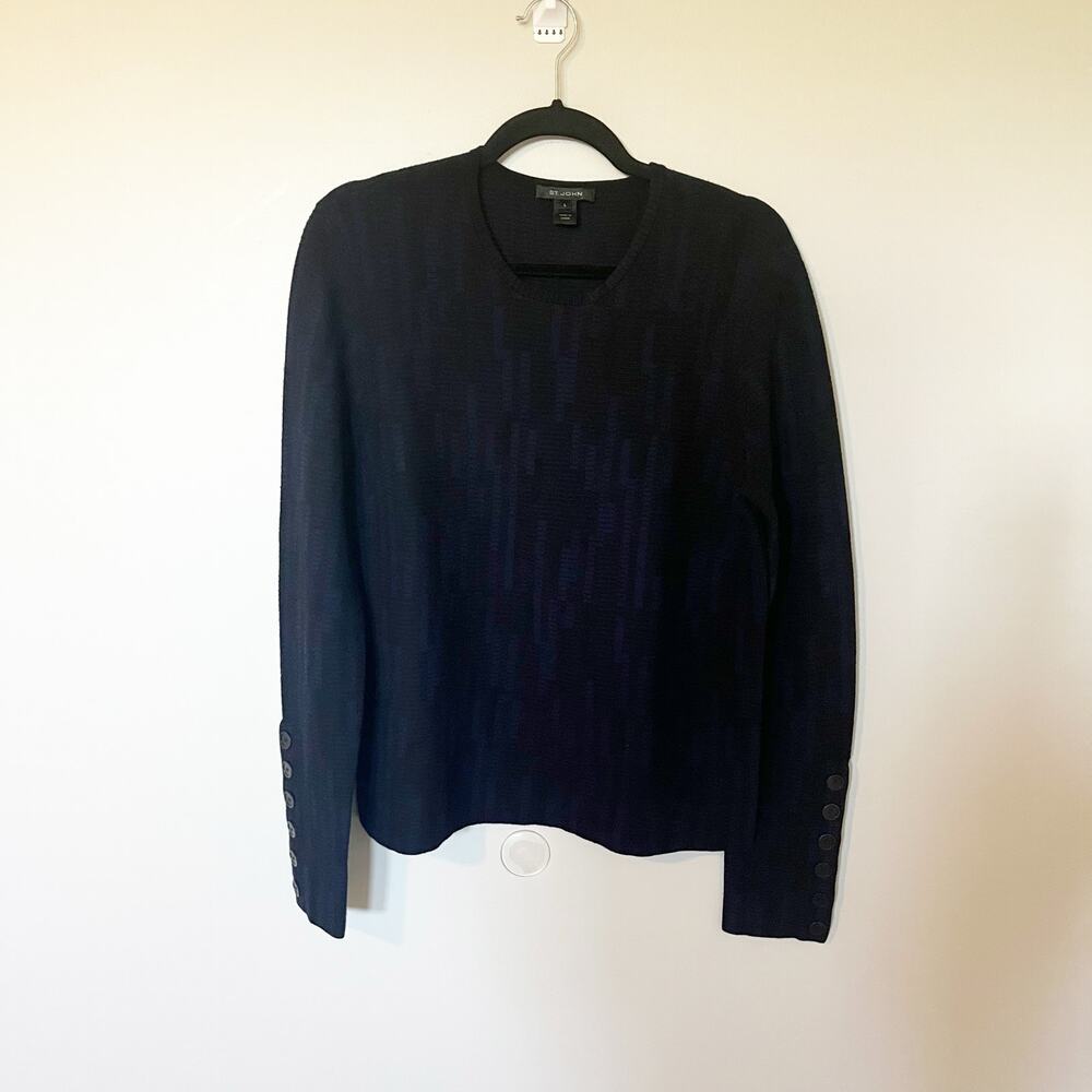 St. John blue black crewneck sweater button cuffs‎ women’s large